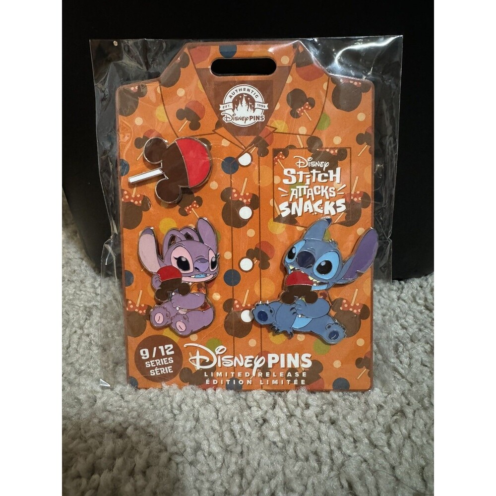 9/12 Disney Parks Stitch Angel Attacks Snacks Caramel Apple Pin Set LR September